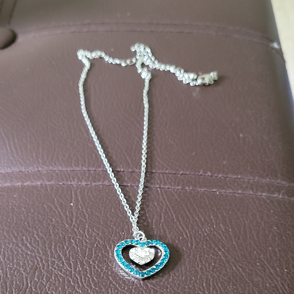 Dainty Silver and Blue Double Heart Necklace